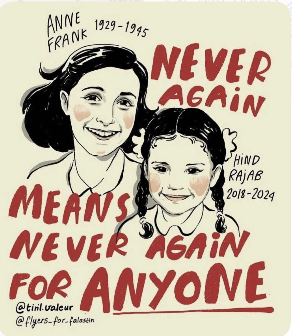 Illustration i färg av två unga flickor: till vänster Anne Frank (1929–1945), till höger Hind Rajab (2018–2024). Båda ler och är tecknade i en varm, mjuk stil. Röd text runt dem lyder: ”Never again means never again for anyone.” Syftet är att visa att löftet ”aldrig mer” efter Förintelsen måste gälla alla – även barn som dör i nutida konflikter.